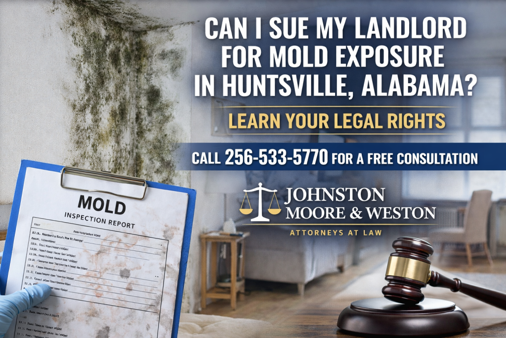 Mold-covered interior wall in a Huntsville home with a mold inspection report clipboard and judge’s gavel, promoting legal help from Johnston Moore & Weston for mold exposure cases.