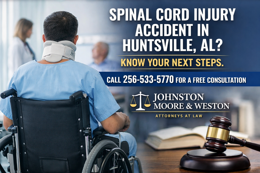 Man in a wheelchair wearing a neck brace in a medical setting with text overlay about spinal cord injury accident in Huntsville, Alabama and contact information for Johnston Moore & Weston personal injury attorneys.