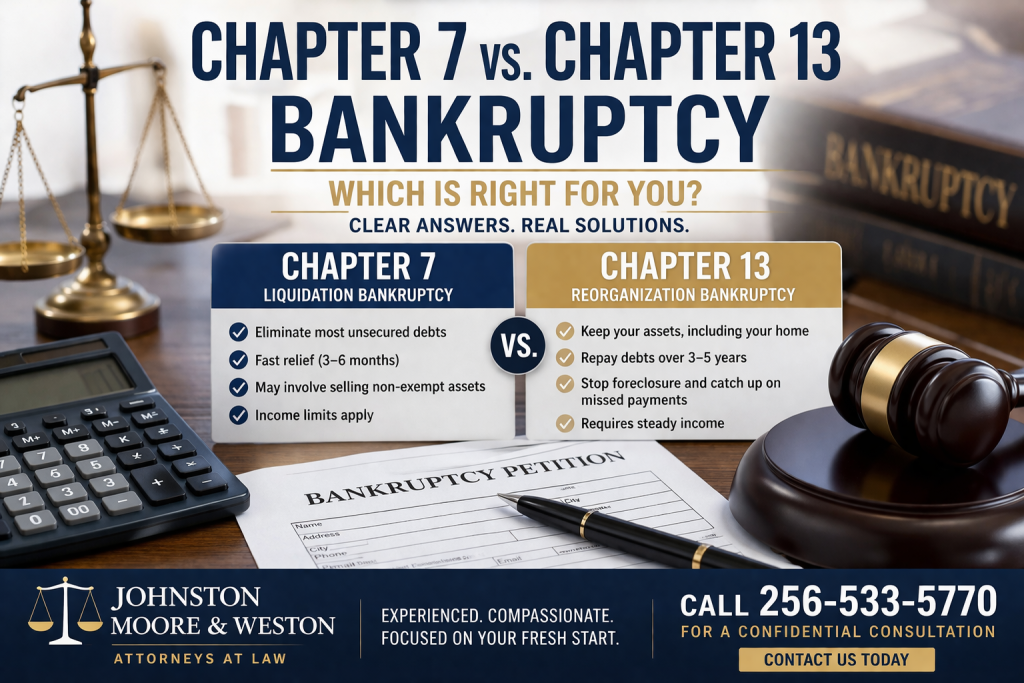 Chapter 7 vs Chapter 13 bankruptcy comparison graphic showing key differences in debt relief, asset protection, and repayment plans with legal imagery and contact information for a Huntsville bankruptcy lawyer.